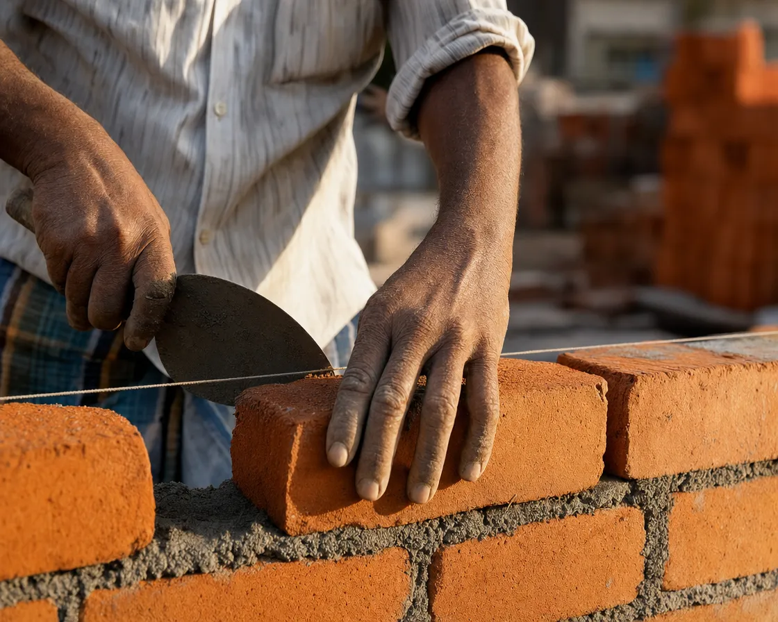 A Clara Builders mason laying brickwork by hand